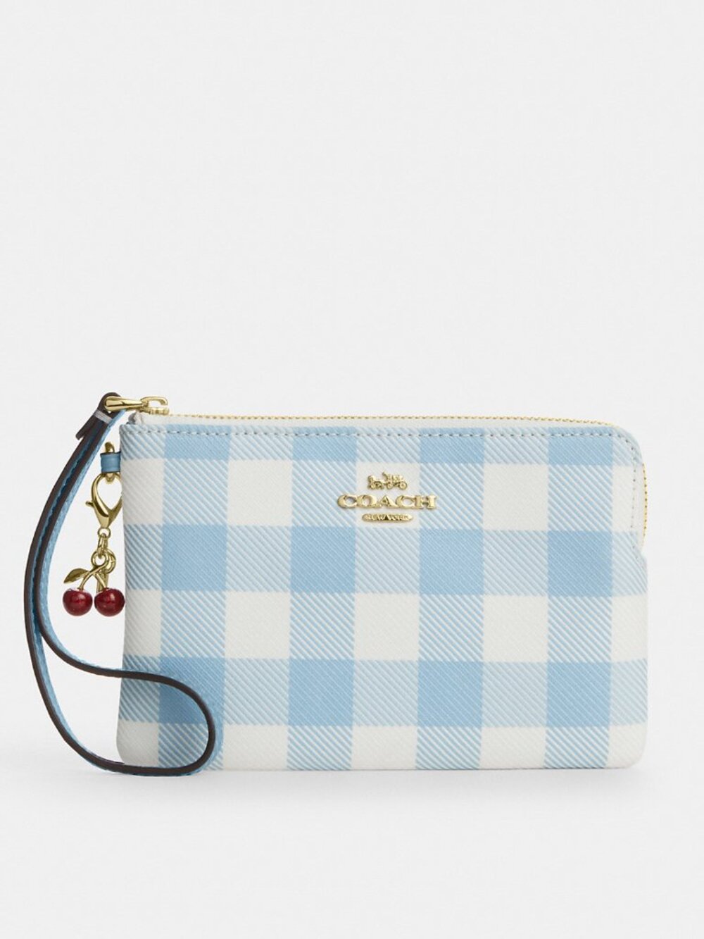 Coach Corner Zip Wristlet With Gingham Print And Charm
